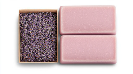 Fototapeta premium Two pink soap bars beside box of dried lavender flowers, creating calming and aromatic display. Perfect for relaxation and self care