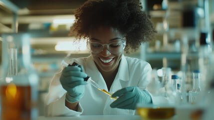 Smiling scientist using pipette in a laboratory, conducting experiments and analyzing samples with advanced equipment