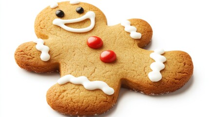 Classic gingerbread man cookie with cute icing smile and red buttons, isolated on a white background