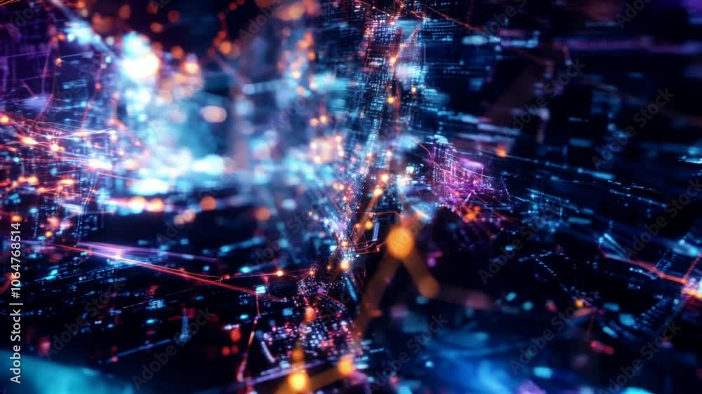Poster abstract tech background consisting of neon hexes and polygons along which digital data particles mo