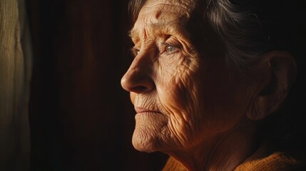 Reflective Elderly Woman with Sienna Skin Embarks on the Final Chapter of Life's Journey, Embracing Peaceful Yet Somber Moments in Sharp Focus, Storytelling Essence
