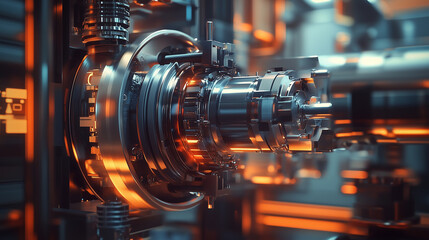 Fototapeta premium Complex machinery working with orange light reflections in a modern industrial environment