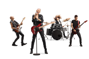 Rock band performing with a lead female guitarist