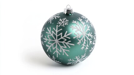 Classic green Christmas ball with silver snowflake patterns, isolated on a white background