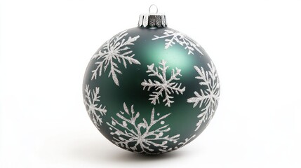 Classic green Christmas ball with silver snowflake patterns, isolated on a white background