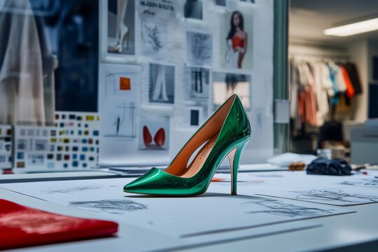 A stunning green high heel shoe on a fashion design table. Bright and elegant it showcases creative style. Perfect for fashion enthusiasts and designers. Generative AI