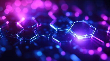 Interconnected hexagons glowing in blue and purple on a dark background