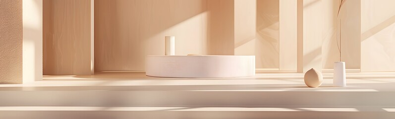 Podium 3D beige background product display stand stage pedestal platform. Mockup beige podium 3D abstract minimal studio scene beauty brown luxury pastel wall render silk cosmetic geometric shadow. 