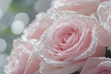 Glistening pink roses adorned with dew drops. A close-up view reveals their delicate beauty and soft petals. Perfect for romantic themes and floral designs. Generative AI