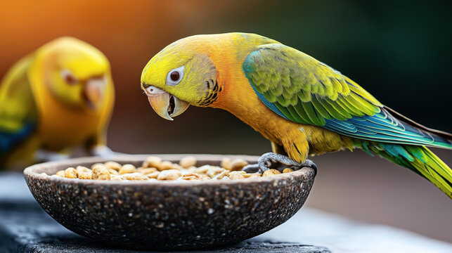 Two colorful parrots eating from a bowl filled with seeds, one in the foreground showing vibrant green, blue, and yellow feathers, and another in the blurred background.
