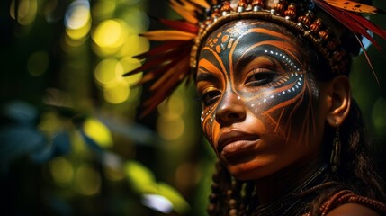 A tribal woman stands amidst lush foliage, her face painted with vibrant colors