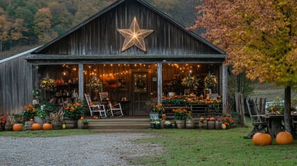 A cozy barn with a porch decorated for Thanksgiving, offering a welcoming atmosphere.