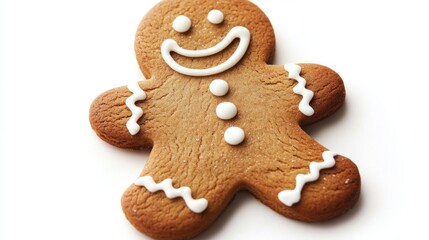 Cute gingerbread man cookie with icing details and a big smile, isolated on a white background