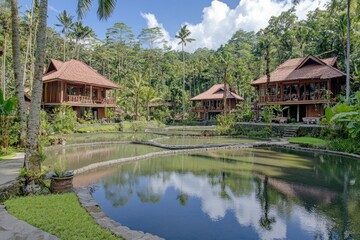 Fototapeta premium Serene resort surrounded by lush greenery and tranquil water features.