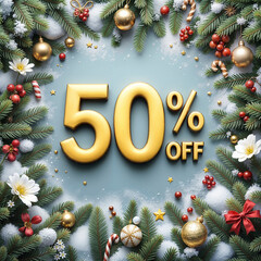 3d 10% off golden banner. Christmas sale. Inscription. Discount. Winter sale. New Year sale