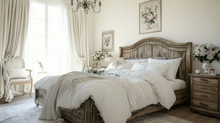A romantic French country bedroom with a distressed wood bed