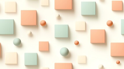 Infinite geometric pattern, seamless abstract design with floating cubes and spheres in pastel...