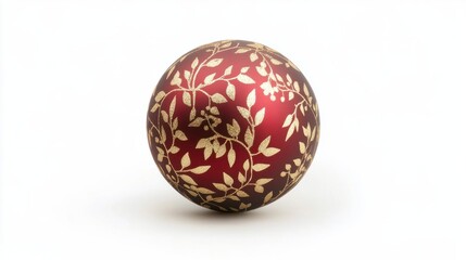 Elegant red Christmas ball with gold holly patterns, isolated on white for a festive touch