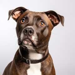 Disbelief dog with surprised look and attentive posture against a lively studio background