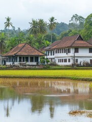 Obraz premium Scenic view of traditional houses beside rice fields and lush greenery.