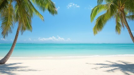 A serene beach scene with palm trees and a clear blue sky over turquoise waters.