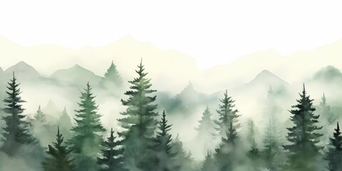 Watercolor green landscape of foggy forest hill. Evergreen coniferous trees. Wild nature, frozen, misty, taiga. Horizontal watercolor background.Hand painted watercolor illustration of misty forest