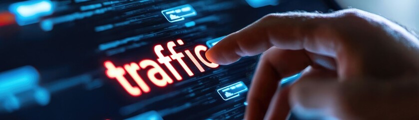 Hands pointing to screen showing website traffic metrics, focus on high bounce rate and trends the word "traffic", copy space for text,