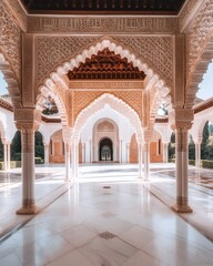 Obraz premium Beautiful white marble archway in a serene garden, inviting tranquility and elegance into the landscape.