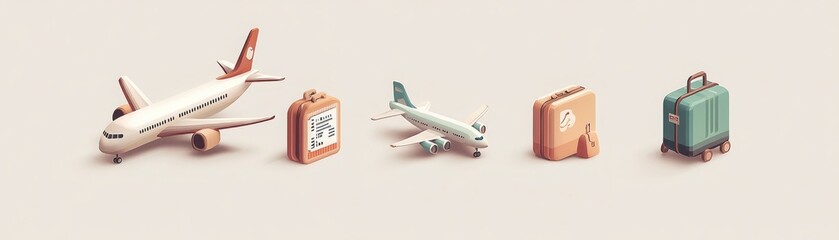 Explore the world creative travel-themed icons featuring airplanes tickets hotels and luggage for your next adventure