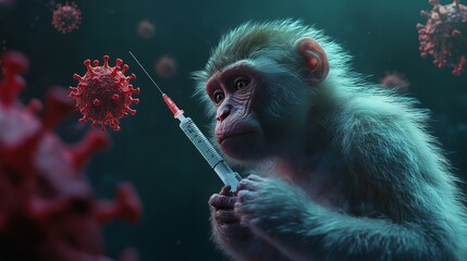 Outbreak of the MPXV virus. Thoughtful monkey holding syringe amid virus particles, symbolizing scientific curiosity and medical research efforts