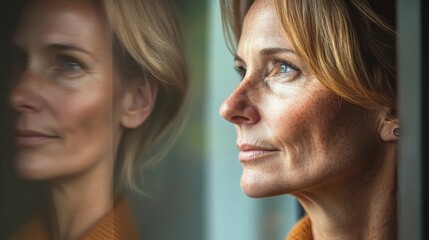 Fototapeta premium Reflective Middle-aged Woman with Sienna Skin Contemplating Her Life Journey with Emotional Depth in Sharp Focus