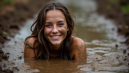 Fototapeta premium Artistic mud puddle visuals of a person immersed in mud, capturing a relaxed and adventurous spirit
