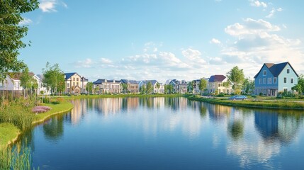 Fototapeta premium A serene lakeside view of modern homes reflecting in the water under a clear blue sky.