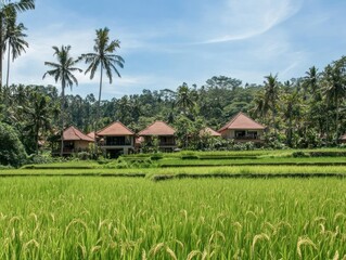 Lush green rice fields with traditional houses under a blue sky and palm trees.