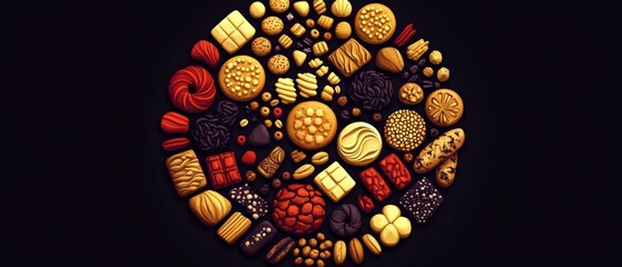 A vibrant collection of various cookies is beautifully arranged in a circular pattern, showcasing an enticing mix of colors and textures for National Cookie Day