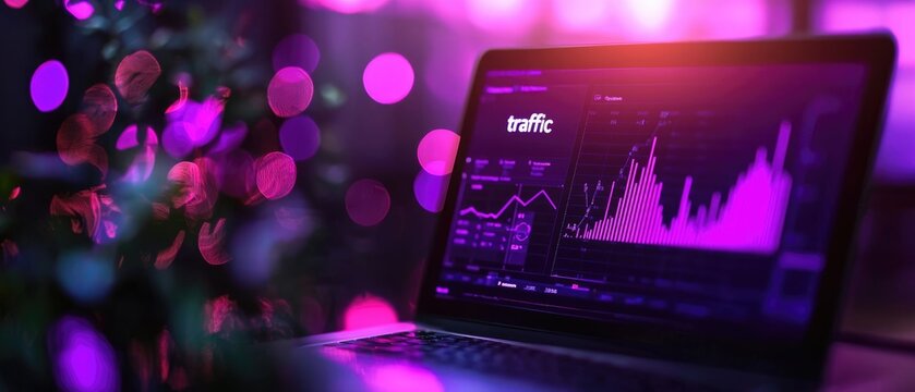 Website metrics dashboard showing increased traffic, reduced bounce rate, growth indicators the word "traffic", copy space for text,