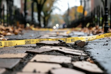 Cracked sidewalk with caution tape in a residential area during autumn, showcasing fallen leaves and a cloudy sky