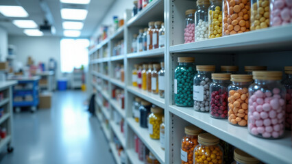 Fototapeta premium Stock room of a candy factory with shelves filled with colorful candies.