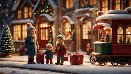 Obraz premium A festive Christmas display with figurines standing near a decorated train, sparkling with lights and holiday decorations, capturing warmth and seasonal joy