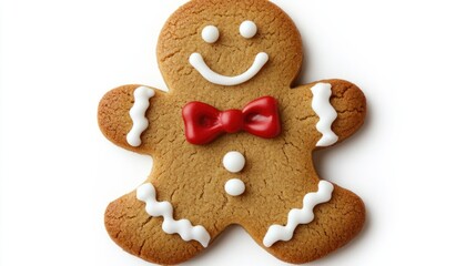 Gingerbread man cookie with red bow tie and icing smile, perfect for holiday themes on white