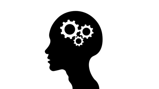 Cogwheels Inside Human Head. Technological Engineering Concept with Gears Animation. Creative Woman Mind