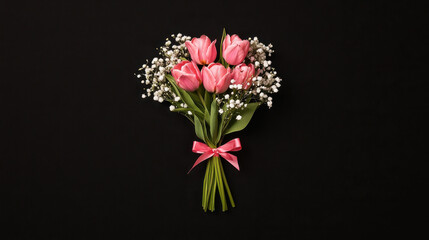 Obraz premium beautiful bouquet of pink tulips with white filler flowers, tied with pink ribbon, perfect for celebrations or gifts