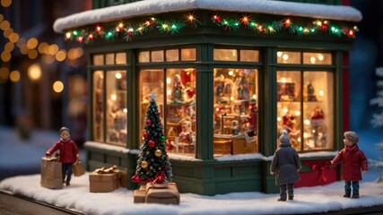 A miniature toy store decorated for Christmas, filled with festive decorations and holiday cheer, capturing the magic and spirit of the season