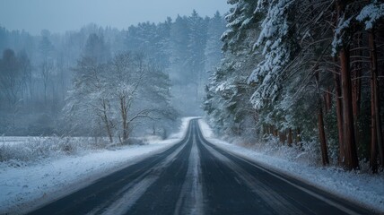 Obraz premium Snow fall on the road isolated background. Winter snowy flake snow falling on the road with trees. Snowflake winter season isolated road path way background