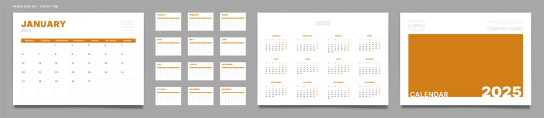 Set of 2025 Pages Monthly Calendar Planner Templates, Cover with Place for Photo, Company Logo, Annual. Design of Vector layout Calendar Pages size A4-21x29.7 cm in for print. Week start on Monday