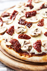 Pizza with mozzarella cheese and marinated tomatoes. Close up. 