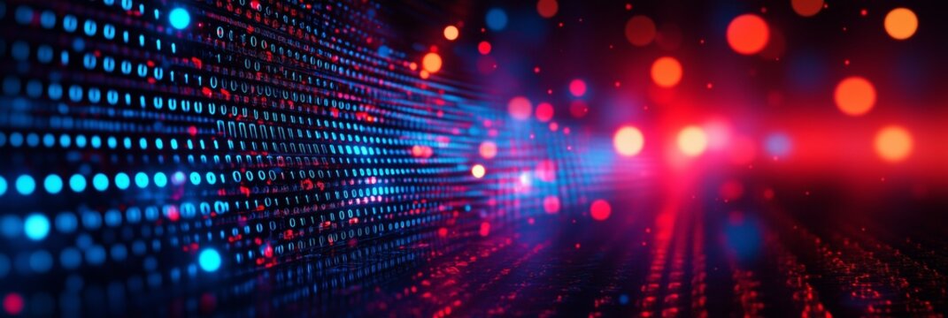 Abstract red and blue digital binary code 1 and 0 digital info tech science data background showing data processing and digital information. Generative AI