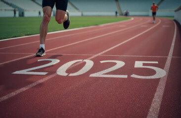 Obraz premium Close-up of the legs of an athlete running on a track at a stadium, with the numbers 2025 written on the track in front of him