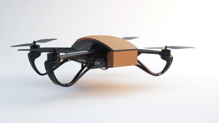 Autonomous delivery drone flying smoothly with a brown box, displayed on a white background, showcasing tech innovation