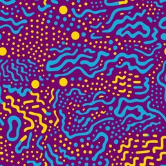 Colorful abstract geometric pattern with wavy lines and dots in vibrant blue, yellow, and purple, creating playful movement and energy
